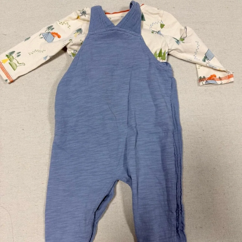 Mud Pie Baby Boys Dinosaur Camping Tee and Blue Gauze Overalls Set 3-6M